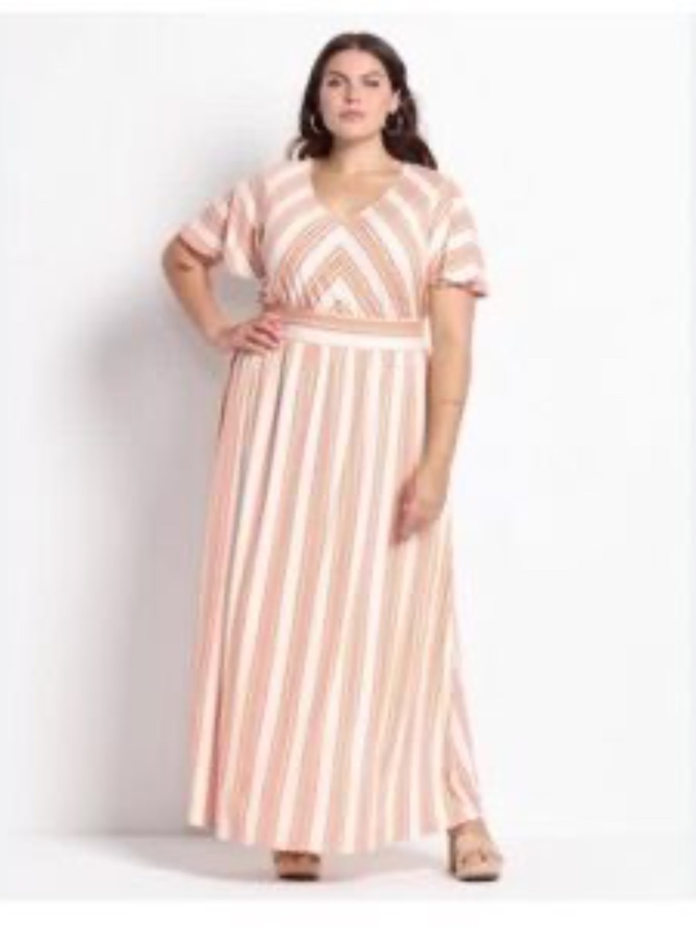 Lane Bryant, Pink - Light cream Striped V-Neck Maxi Dress short flutter sleeve